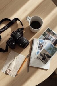 Creatieve flat lay van camera, notitieboek en koffiekop op tafel – inspiratie voor beginnende fotografen 2025.